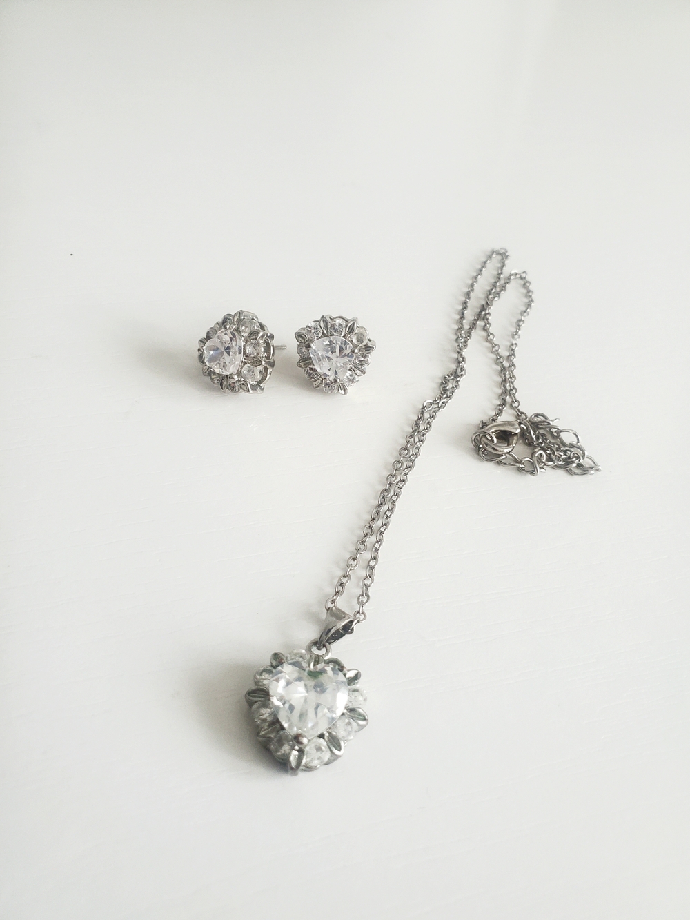 Silver Heart Pendant Necklace and Crystal Stud Earring Set - Clear/Silver